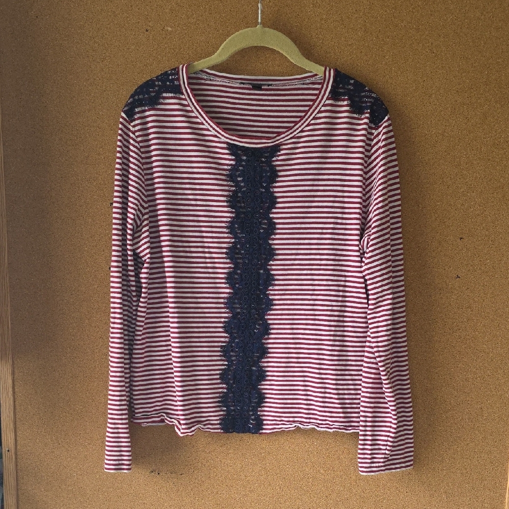 J.Crew Red White Striped Long Sleeve Top XL Blue Lace Trim Cotton & Linen